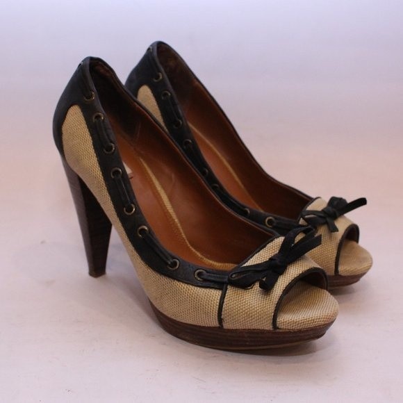 ZARA Peep Toe Canvas Pumps Heels Navy Cream Nautical Style Vintage Sz 37 US 6.5 - Picture 1 of 14